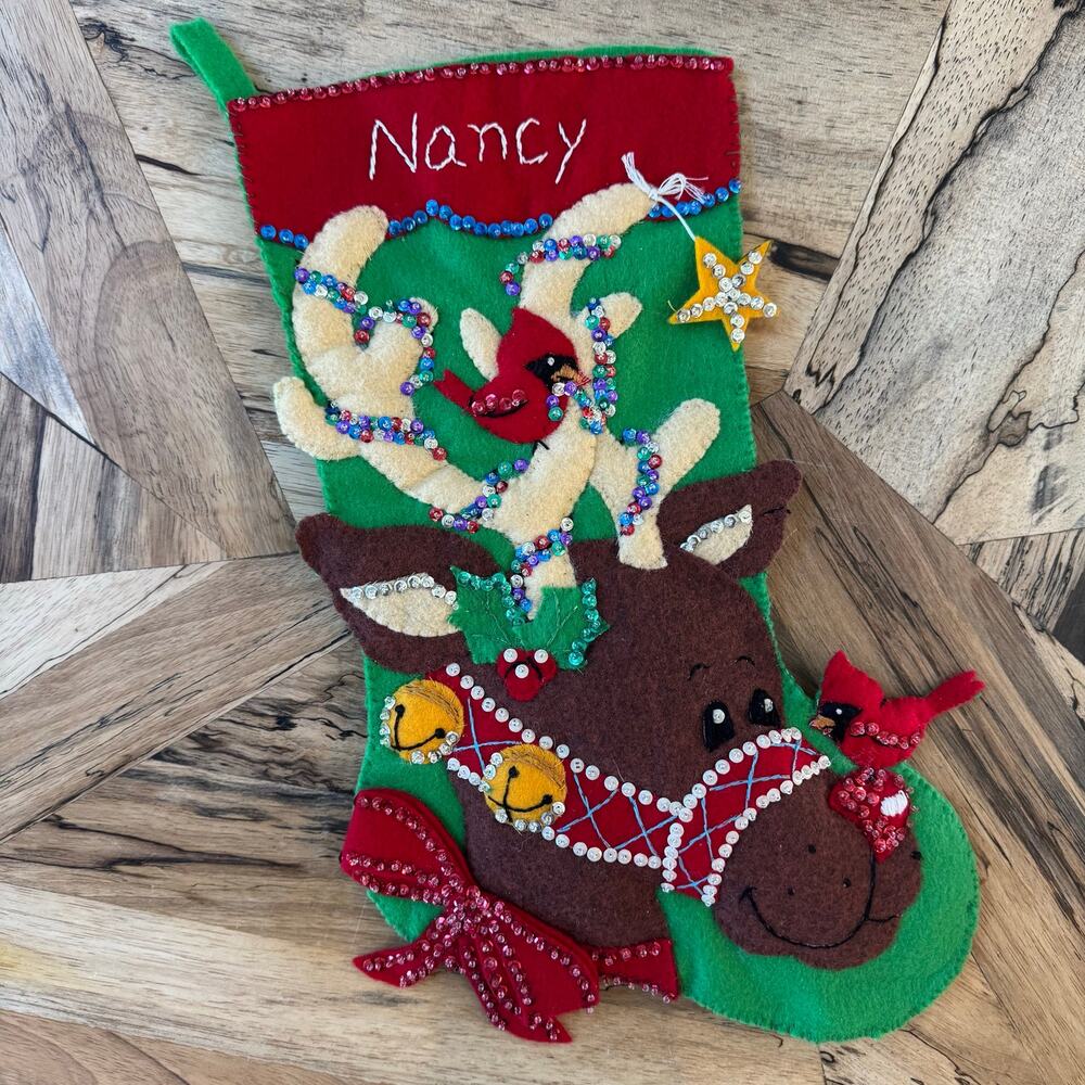 Vintage Bucilla Finished Felt Christmas Stocking Reindeer Cardinal Sequins Nancy